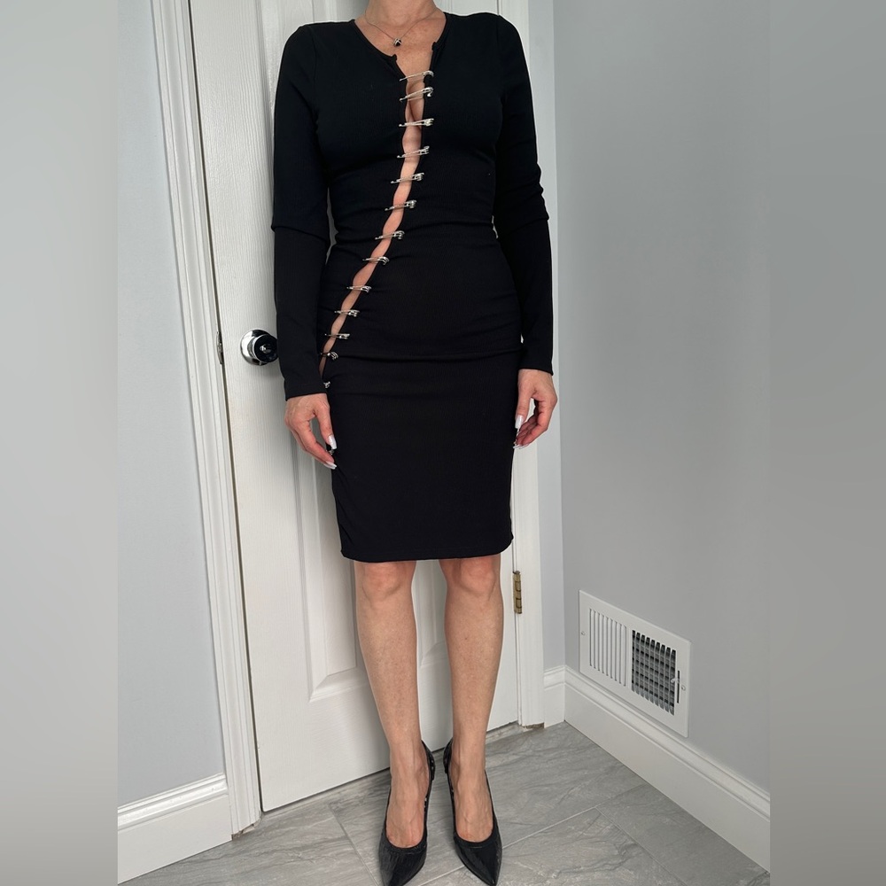 Akira Women's Bodycon Dress Black Rhinestone Pins Decorated Stretch Lined Size M